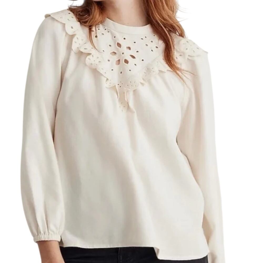 Madewell Embroidered Flannel Mockneck Top Ivory Women’s Size XL